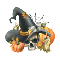 Human skull in a black witch hat with orange pumpkins, cobwebs, candles and autumn maple leaves. Hand drawn watercolor illustration for Halloween. Isolated composition png