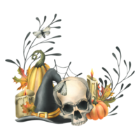 Human skull, black witch hat, orange pumpkins, branches, candles and autumn maple leaves. Hand drawn watercolor illustration for Halloween. Frame, wreath, template png