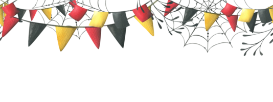 Garlands with red, black and yellow flags are square and triangular with cobwebs. Hand drawn watercolor illustration for day of the dead, halloween, Dia de los muertos. Template png