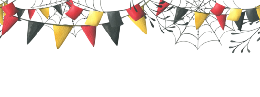 guirnaldas con rojo, negro y amarillo banderas son cuadrado y triangular con telarañas mano dibujado acuarela ilustración para día de el muerto, Víspera de Todos los Santos, dia Delaware los muertos. modelo png