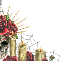 Human skull with an ornament, red roses in a golden crown, candles, cobwebs. Hand drawn watercolor illustration for Halloween, day of the dead, Dia de los muertos. Template, frame png