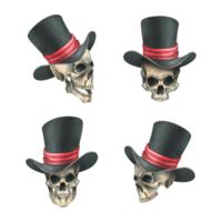 A human skulls in a black top hat with a red ribbon different views. Hand drawn watercolor illustration for day of the dead, halloween, Dia de los muertos. Isolated object png