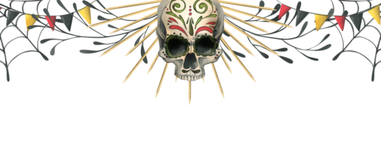 Human skull in a golden crown with garland flags, cobwebs. Hand drawn watercolor illustration for Halloween, day of the dead, Dia de los muertos. Template, frame, board png