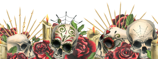 Human skulls with an ornament, red roses in a golden crown, candles, cobwebs. Hand drawn watercolor illustration for Halloween, day of the dead, Dia de los muertos. Seamless board png