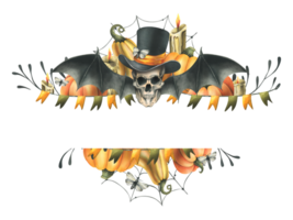 umano cranio, nero superiore cappello con arancia zucche, rami, candele e autunno acero le foglie. mano disegnato acquerello illustrazione per Halloween. telaio, modello png