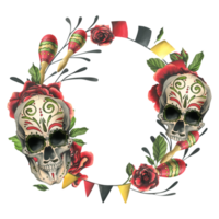 Ornamented human skulls with red roses, candles, maracas and flags. Hand drawn watercolor illustration for day of the dead, halloween, Dia de los muertos. Circle frame, template png