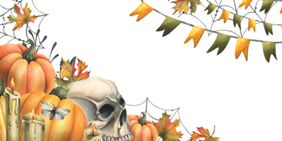 Human skull with orange pumpkins, candles, night moths, cobwebs and autumn leaves. Hand drawn watercolor illustration for Halloween and Day of the Dead. Template png