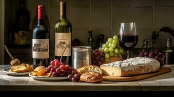 generativo ai, vino todavía vida con uvas, Romero, jamón, azul queso, higos, un pan. foto
