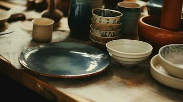 Generative AI, crafted pottery, still life of hand made pottery and ceramic bowls, hobby and leisure concept photo