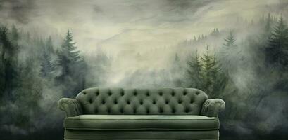 Generative AI, Interior design with couch, sofa and wallpaper of fir forest beautiful landscape in hipster vintage retro style, foggy mountains and trees. photo