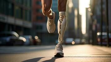 Generative AI, person with disability, prosthetic limb running and does not feel obstacles, photo