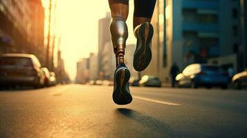 Generative AI, person with disability, prosthetic limb running and does not feel obstacles photo