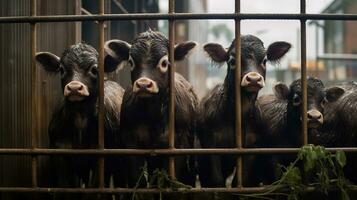 generativo ai, pequeño terneros mirando a el cámara en un granja, bebé vacas foto