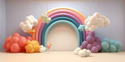 Generative AI, rainbow and colorful balloons. Birthday party 3d background. Mockup, template for greetiing card photo