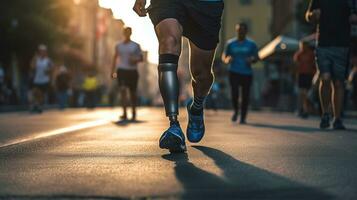 Generative AI, person with disability, prosthetic limb running and does not feel obstacles photo