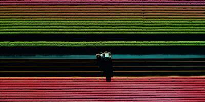 Generative AI, Farm colorful landscape, agricultural fields, beautiful countryside, country road. Nature Illustration, top view drone, horizontal banner. photo
