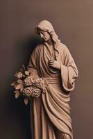 Generative AI, Photorealistic antique sculpture and flowers, muted neutral colors, 3d style ceramic statue photo