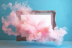 Generative AI, pastel light smoke around empty vintage beautiful frame. photo