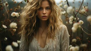 Generative AI, Beautiful girl with no make up in the autumn garden, aesthetic, muted neutral colors photo