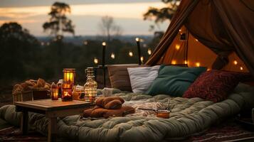 Generative AI, romantic camping with lantern lights, pillows, blanket. City view in the evening photo