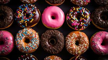 Generative AI, Assorted colorful glazed donuts with sprinkles, sweet baked dessert photo