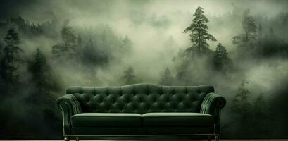 Generative AI, Interior design with couch, sofa and wallpaper of fir forest beautiful landscape in hipster vintage retro style, foggy mountains and trees. photo