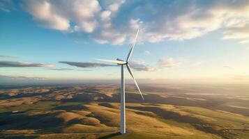 generativo ai, viento turbinas en un campo, verde granja paisaje. ambientalmente Respetuoso del medio ambiente poder generación. renovable energía fuente. foto