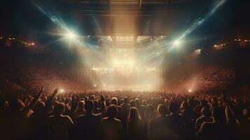 Generative AI, People crowd on music rock festival concert in stadium, big stage lit by spotlights. photo