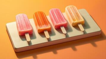 Generative AI, Fruit ice cream or sorbet on a stick, bright color, summer mood, panoramic view photo