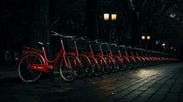 generativo ai, bicicleta compartiendo sistema, muchos rojo ciudad bicicletas estacionado sano ecología urbano transporte. foto