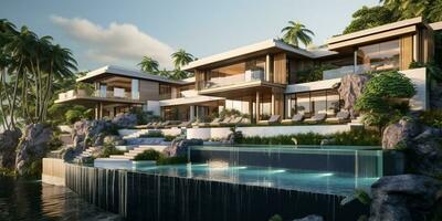 Generative AI, View of swimming pool in front of a modern luxury house. Villa, hotel resort photo