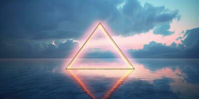 Generative AI, abstract geometric background, clouds, sea and glowing neon triangular frame. Minimal futuristic seascape with reflection in the water. photo