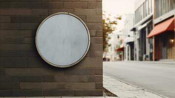 Generative AI, coffee shop street signboard mock up for logo design, brand presentation, aesthetic muted neutral colors, on the wall outdoor photo