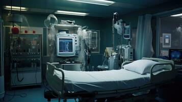 Generative AI, Recovery room with comfortable bed, medical interior, empty hospital room. photo