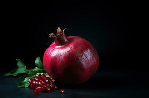 Generative AI, Fresh Juicy whole or half of pomegranate fruit with water drops, still life on dark background. Closeup photo