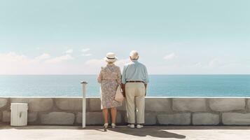 Generative AI, A senior couple looking to the ocean or sea, having fun at the beach photo