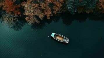 Generative AI, boat at the calm lake in autumn with serene water around, fall landscape photo