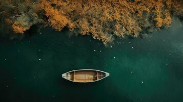 Generative AI, boat at the calm lake in autumn with serene water around, fall landscape photo