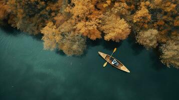 Generative AI, boat at the calm lake in autumn with serene water around, fall landscape photo
