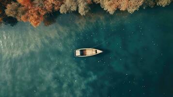 Generative AI, boat at the calm lake in autumn with serene water around, fall landscape photo