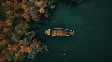 Generative AI, boat at the calm lake in autumn with serene water around, fall landscape photo