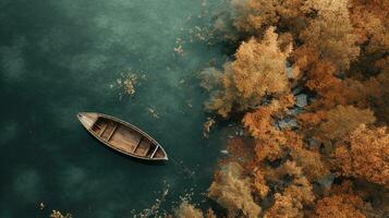 Generative AI, boat at the calm lake in autumn with serene water around, fall landscape photo