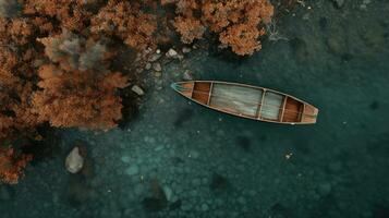 Generative AI, boat at the calm lake in autumn with serene water around, fall landscape photo