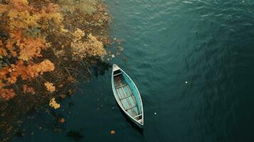 Generative AI, boat at the calm lake in autumn with serene water around, fall landscape photo