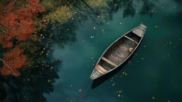 generativo ai, barco a el calma lago en otoño con sereno agua alrededor, otoño paisaje foto