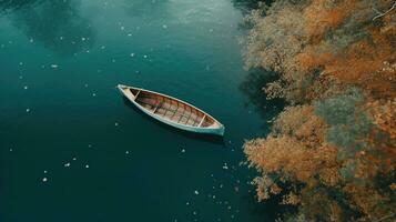 Generative AI, boat at the calm lake in autumn with serene water around, fall landscape photo