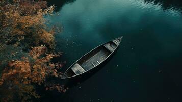 Generative AI, boat at the calm lake in autumn with serene water around, fall landscape photo