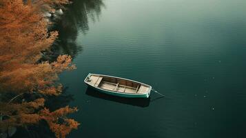 Generative AI, boat at the calm lake in autumn with serene water around, fall landscape photo