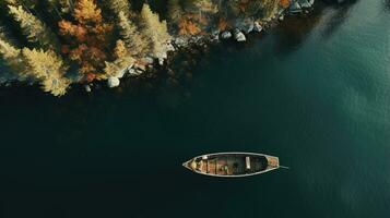 generativo ai, barco a el calma lago en otoño con sereno agua alrededor, otoño paisaje foto