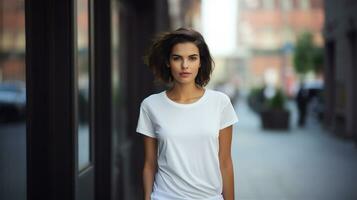 generativo ai, realista blanco camiseta burlarse de arriba blanco poner en joven bonito mujer, Copiar espacio para presentación publicidad. blanco negocio concepto foto